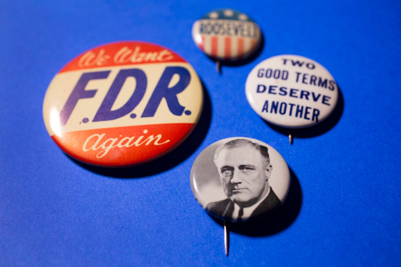 Campaign buttons for Franklin Delano Roosevelt, the only U.S. president to serve more than two terms.