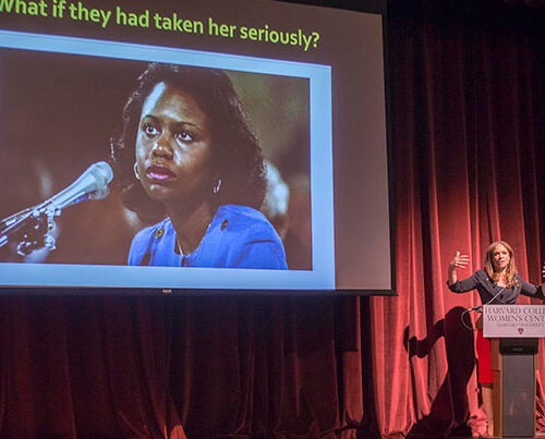 "The current knowledge economy limits women’s work, leadership, and earning," Melissa Harris-Perry, a professor of politics and international affairs at Wake Forest University, told her Harvard audience at the fourth annual Anita Hill Lecture on Gender Justice. Hill, a professor at Brandeis University, is pictured on-screen.