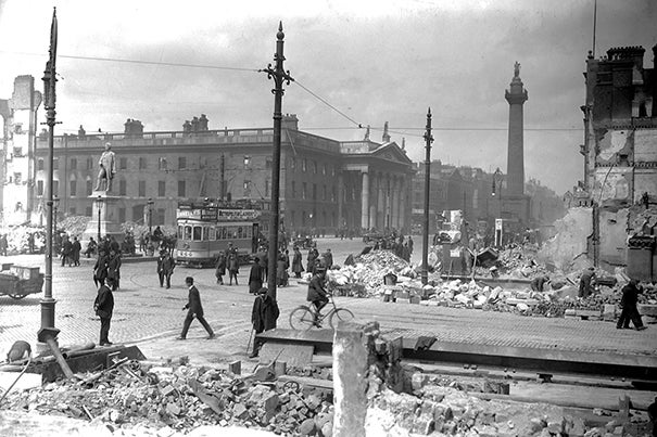  Following the Easter Rising in April 1916, the hollowed-out General Post Office stood amid the rubble of Sackville Street (now O'Connell Street) in Dublin.