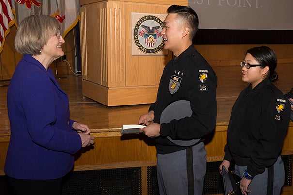 The humanities offer three qualities of value to leaders: perspective, improvisation, and persuasion, said President Drew Faust during her visit to the U.S. Military Academy at West Point. Faust also spent the day meeting with faculty members and academy cadets. 