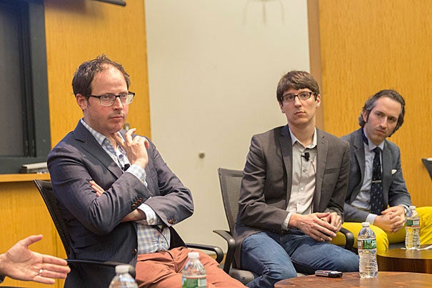 Panelists Nate Silver (from left) of FiveThirtyEight, Nate Cohn of The Upshot, and David Rothschild of Microsoft Research spoke during a conference about the field of data analytics and its potential applications to politics. 