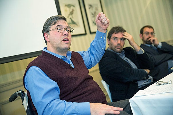 Michael Stein (from left), Tommaso Vitale, and Samuel Moyn speak at a panel on social inequalities hosted by the Weatherhead Center for International Affairs. “We have a very big boat to turn, but we see progress,” Stein said. 