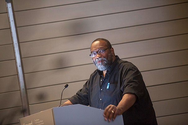 Poet Fred Moten, a professor at the University of California, Riverside, delivered opening remarks at "Bending Toward Justice," a symposium held at the Harvard Art Museums.