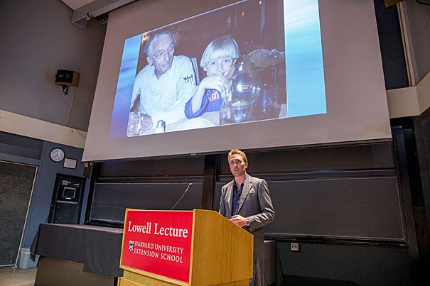 During the Lowell Lecture, Philippe Cousteau asked the students in the audience to view whatever career they choose through the lens of sustainability. “Please think about how we can leverage capital markets to change the world, and turn all of this money in a positive direction,” he said. Cousteau is pictured with his grandfather, Jacques Cousteau.