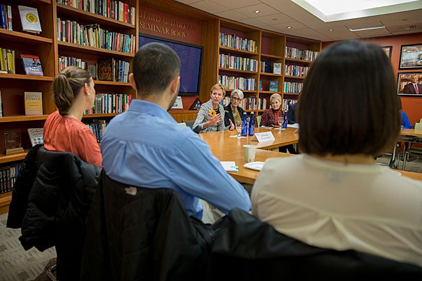 Former ambassadors Kristie Kenney (from left), Wendy Sherman, and Swanee Hunt discussed the shifting international landscape and their experiences as women in senior diplomatic roles with students at the Center for Public Leadership at the Harvard Kennedy School.