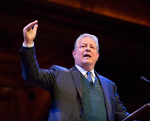 Al Gore brought a dose of optimism about climate change to Harvard, saying the problems are severe, but the solutions are emerging. The former vice president cited the adoption of renewable energy — mainly wind and solar power — as reason for hope.
