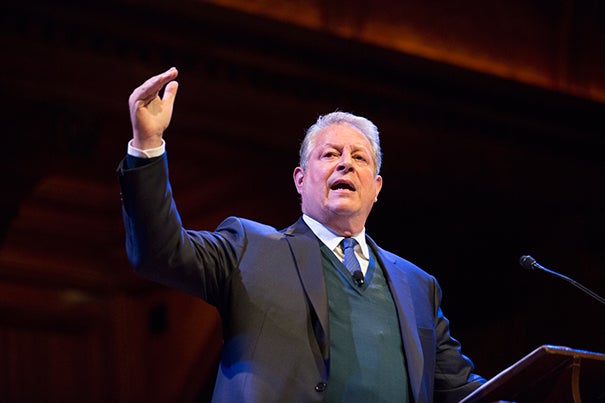 Al Gore brought a dose of optimism about climate change to Harvard, saying the problems are severe, but the solutions are emerging. The former vice president cited the adoption of renewable energy — mainly wind and solar power — as reason for hope.

