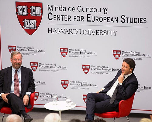 “The terrorists who killed people in Brussels … they didn’t come from Syria or from Libya or Tunisia or Afghanistan,” said Italian Prime Minister Matteo Renzi (right) during his talk at Harvard. “They grew up in Europe." Talking with Renzi was Professor Peter A. Hall, Krupp Professor of European Studies, who is a CES resident faculty. 