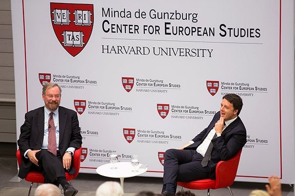 “The terrorists who killed people in Brussels … they didn’t come from Syria or from Libya or Tunisia or Afghanistan,” said Italian Prime Minister Matteo Renzi (right) during his talk at Harvard. “They grew up in Europe." Talking with Renzi was Professor Peter A. Hall, Krupp Professor of European Studies, who is a CES resident faculty. 