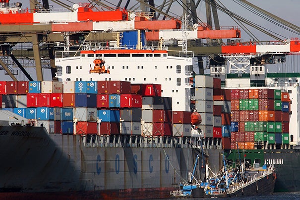A container ship owned by a Chinese company is unloaded in Newark, N.J., in 2006. The World Trade Organization will hold a conference at Harvard Law School to discuss the future of international trade agreements. 