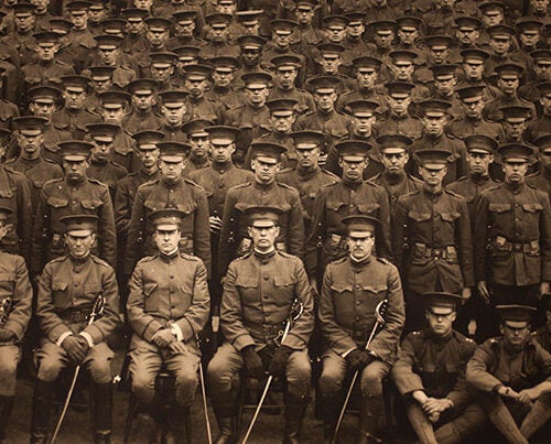 The University has a long connection with the U.S. military, as shown in this photo of Harvard ROTC in 1917. After a 40-year hiatus, the Navy ROTC program returned to campus in 2011, followed by the Army ROTC in 2012 and the Air Force ROTC last month. 