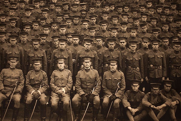 The University has a long connection with the U.S. military, as shown in this photo of Harvard ROTC in 1917. After a 40-year hiatus, the Navy ROTC program returned to campus in 2011, followed by the Army ROTC in 2012 and the Air Force ROTC last month. 