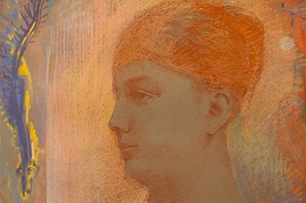 The drawing "Head of a Young Woman" by Odilon Redon is among the pieces included in "Flowers of Evil: Symbolist Drawings, 1870-1910," one of the new exhibits on display at the Harvard Art Museums.