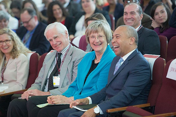Linda Hammett Ory (from left), Endeavor Foundation president Fritz Hobbs, Harvard President Drew Faust, and former Massachusetts Governor Deval Patrick attended the kickoff of HGSE's By All Means initiative. Patrick delivered the keynote address. Kris Snibbe/Harvard Staff Photographer