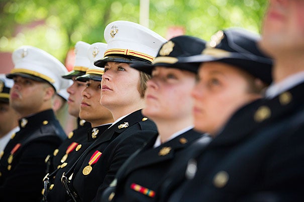 Commissioning officers, including Carolyn Pushaw (center), listen during the ROTC Commissioning Ceremony for the Class of 2016.