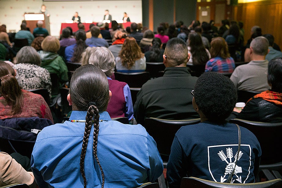 Audience members listen to a speaker at the conference “Native Peoples, Native Politics.” The conference materials included this statement: “Politics requires more than voting; it requires knowledge of law, organization, identity, history, and culture. Native American communities are sovereign nations within the United States, yet must still negotiate politically within a federal democratic system that at times inconsistently honors their rights, their land and water, and their ways of life.”
