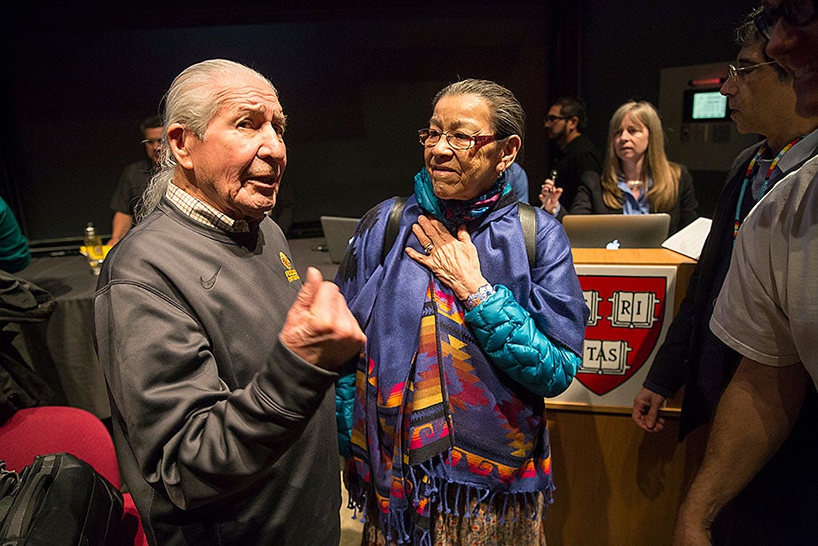 Oren Lyons (Onondaga), left, speaks with First Nations elder Doreen Spence at the Native American running conference. A lifelong lacrosse player, Lyons played professionally and has been a supporter of the Iroquois Nationals team, which has won the silver medal (placing ahead of the United States) in each of the last four World Indoor Lacrosse Championships. Doreen Spence is of Cree ancestry (Northern Alberta), and has represented her people in forums for human rights, women’s issues, and aboriginal health. She was nominated for a Nobel Peace Prize for the 1000 Women project (2005).