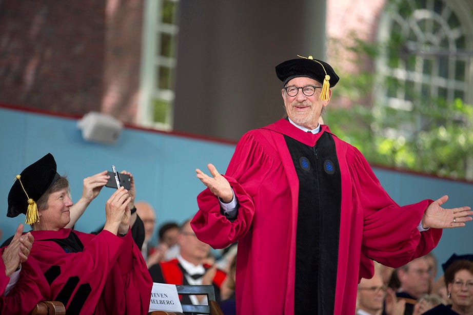 Honorary degree recipient Steven Spielberg is photographed by Mary L. Bonauto, who received an honorary Doctor of Laws degree. Kris Snibbe/Harvard Staff Photographer