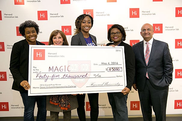 The winners of the fourth annual Deans’ Challenges were announced recently. Arts and Humanities Dean Diana Sorensen (second from left) and Harvard Business School Dean Nitin Nohria (far right) stand with Deans' Cultural Challenge winners Shay Johnson (from left), Jenae Moxie, and Ke’Andra Levingston. 