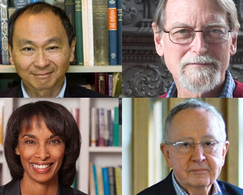 Harvard's Graduate School of Arts and Sciences has awarded four of its alumni the Centennial Medal, one of its highest honors. Recipients are Francis Fukuyama (clockwise from upper left), David Mumford, John O’Malley, and Cecilia Rouse.

