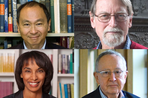 Harvard's Graduate School of Arts and Sciences has awarded four of its alumni the Centennial Medal, one of its highest honors. Recipients are Francis Fukuyama (clockwise from upper left), David Mumford, John O’Malley, and Cecilia Rouse.

