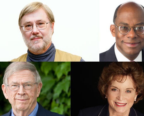 President Drew Faust will present the 2016 Harvard Medal to Thomas G. Everett (clockwise from top left), Roger W. Ferguson Jr. ’73, A.M. ’78, J.D. ’79, Ph.D. ’81, Betsey Bradley Urschel, Ed.M. ’63, and John H. McArthur, M.B.A. ’59, D.B.A. ’63.