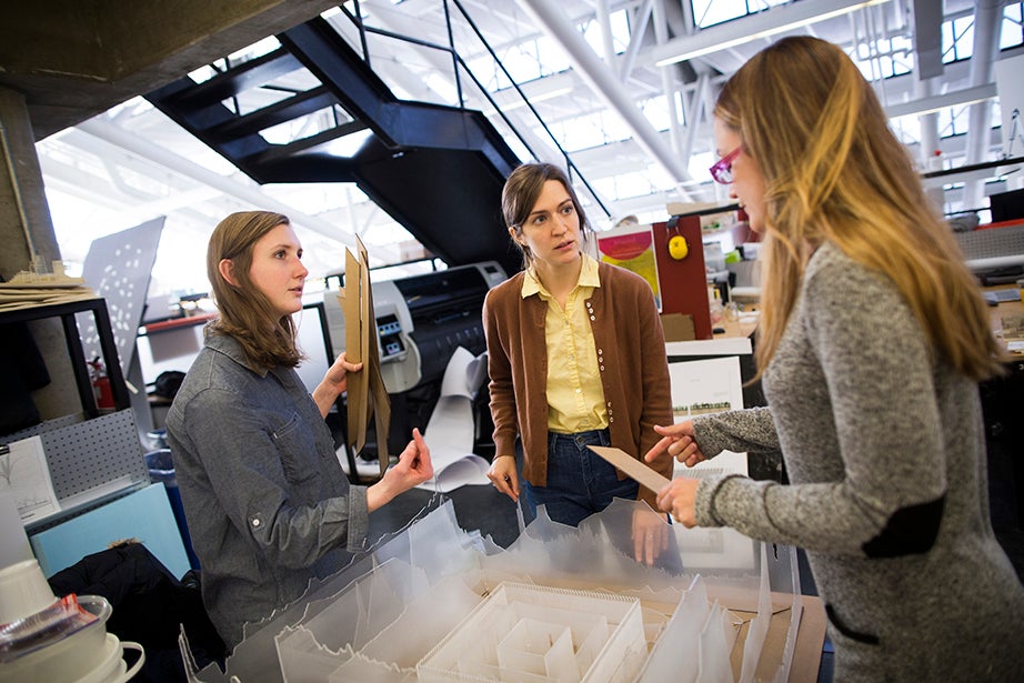 “The students, they are extraordinary,” says program coordinator Edna Van Saun. “They conceive an idea in just a few weeks, like composing a piece of music.” Louise Roland ’17 (from left), Dana Kash ’17, and Jenna Chaplin ’17 collaborate on landscape architecture coursework.