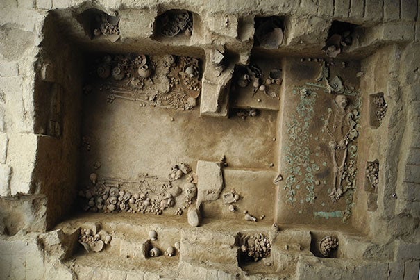 Excavated in 2013, this royal tomb is believed to have belonged to a Moche priestess who was buried 1,200 years ago in San Jose de Moro, in the Jequetepeque River valley of northern Peru. The great quantity of artifacts and the complexity of the burial reveal the power and influence this woman wielded in life. Archeologists have found a total of eight tombs featuring priestesses, which highlight the prominent role of women in Moche society. Courtesy of Luis Jaime Castillo Butters