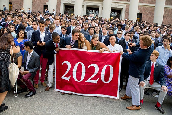 Harvard University freshman pose for their class picture on the steps of Widener Hall. Rose Lincoln/Harvard Staff Photographer