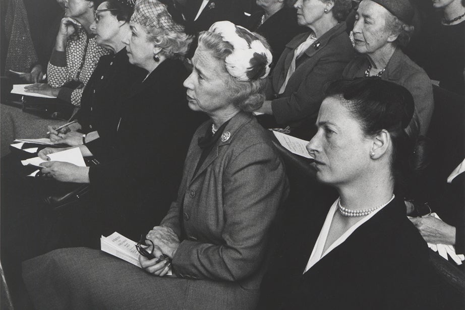 As part of their service to the churches, Harvard Divinity School faculty addressed laywomen on Thursday mornings, followed by tea at Jewett House. From right: Brita Stendahl, Elinor Lamont, and Anne Pusey, wife of Harvard President Nathan M. Pusey ’28. In 1973, Brita Stendahl, wife of then-Dean Krister Stendahl and a biblical scholar in her own right, reformulated the Ladies Lectures as Theological Opportunities for Women. The group incorporated lecturers from the new WSRP Research Associates and combined theological exploration with feminist consciousness-raising. Ecofeminist theologian Elizabeth Dobson Gray directed the program from 1978 until 2010. Photo courtesy of Andover-Harvard Theological Library