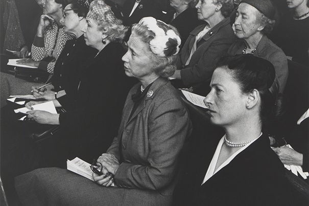 As part of their service to the churches, Harvard Divinity School faculty addressed laywomen on Thursday mornings, followed by tea at Jewett House. From right: Brita Stendahl, Elinor Lamont, and Anne Pusey, wife of Harvard President Nathan M. Pusey ’28. In 1973, Brita Stendahl, wife of then-Dean Krister Stendahl and a biblical scholar in her own right, reformulated the Ladies Lectures as Theological Opportunities for Women. The group incorporated lecturers from the new WSRP Research Associates and combined theological exploration with feminist consciousness-raising. Ecofeminist theologian Elizabeth Dobson Gray directed the program from 1978 until 2010. Photo courtesy of Andover-Harvard Theological Library