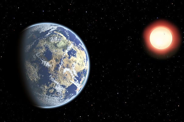 This artist's conception shows a red dwarf star orbited by a pair of habitable planets. Because red dwarf stars live so long, the probability of cosmic life grows over time. As a result, Earthly life might be considered "premature."