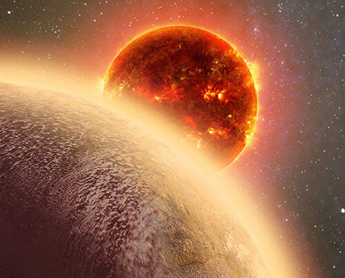 This artist’s conception shows the rocky exoplanet GJ 1132b, located 39 light-years from Earth. New research shows that it might possess a thin oxygen atmosphere — but no life due to its extreme heat. 