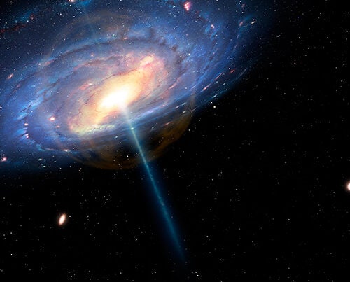 This artist’s impression shows the Milky Way as it may have appeared 6 million years ago during a “quasar” phase of activity. Outside of that bubble, a pervasive “fog” of million-degree gas might account for the galaxy’s missing matter of 130 billion solar masses.