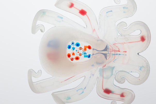 In lieu of rigid electronic parts such as batteries or circuit boards, the "octobot" uses a microfluidic logic circuit powered by hydrogen peroxide converted into gas when in contact with platinum.