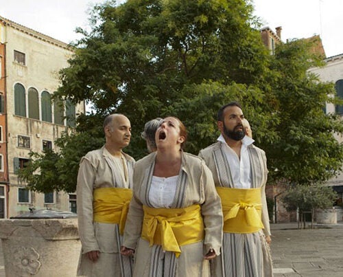 Five actors of New York-based Compagnia de’ Colombari perform a scene from "The Merchant of Venice" on the main square of Venice's historic Jewish ghetto.