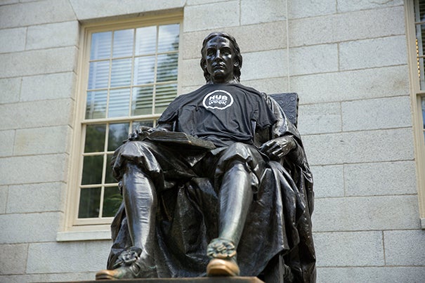 Harvard, one of HUBweek’s founders, will host 14 of the 115 events. The John Harvard Statue promotes the Sept. 25-Oct. 1 event.
