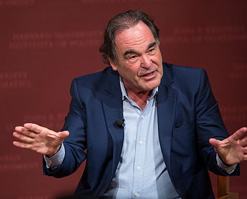 Filmmaker Oliver Stone discusses his new movie on Edward Snowden with author and journalist Ron Suskind at the JFK, Jr. Forum at the Harvard Kennedy School.