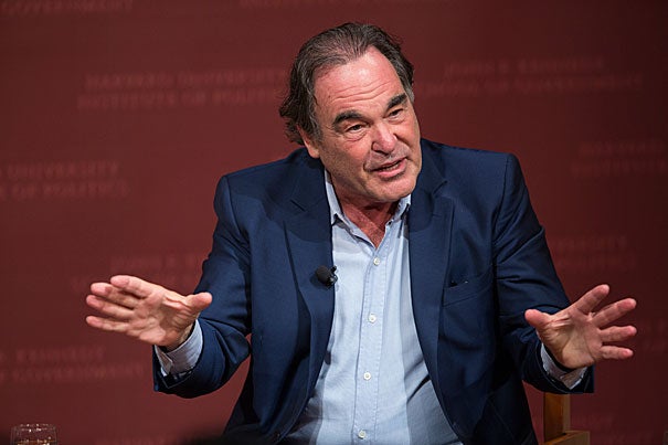 Filmmaker Oliver Stone discusses his new movie on Edward Snowden with author and journalist Ron Suskind at the JFK, Jr. Forum at the Harvard Kennedy School.