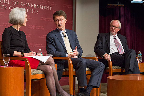 Jill Dougherty (from left), Maxim Boycko, and John Beyrle discuss challenges the next U.S. president will face with Russia during the Future of Diplomacy project co-sponsored by the Harvard Institute of Politics.