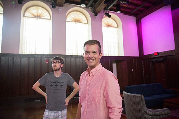 Nathaniel Brodsky '18 (left), director, and Kyle McFadden '18, producer, rehearse "Calamus," an original play inspired by Walt Whitman's poetry to premiere at the Leverett House Library Theater. The play showcases the many faces of the LGBTQ+ community today and their relationships with queer history in America. 