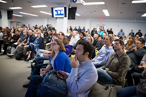 Audience members listen to Next GenerationSurgery & Rehab panelists, Jayender Jagadeesan, (BWH), Jeffrey Palmer and Ryan McKindles (MIT Lincoln Laboratory) present at VR/AR Industry Fair in the i-lab for Hubweek. Rose Lincoln/Harvard Staff Photographer