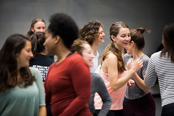 Students gather in the dance studio on Garden Street for a contemporary dance class during shopping period.