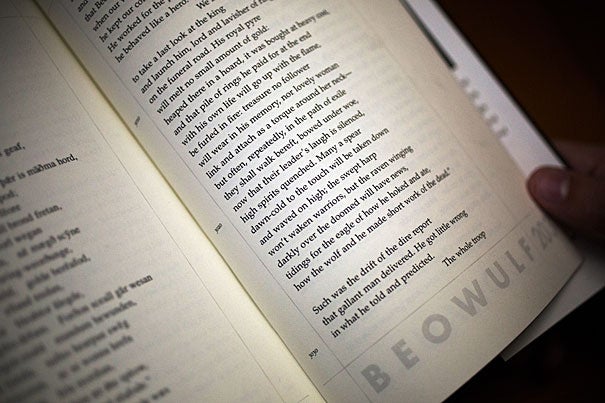 A detail image of Hyman's copy of "Beowulf," opened to the messenger's eulogizing the title character. Stephanie Mitchell/Harvard Staff Photographer