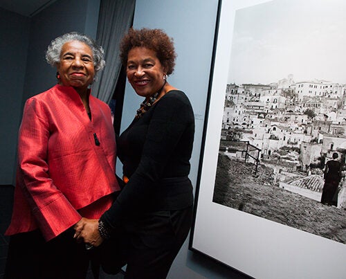 Carrie Mae Weems (right) with former Harvard lecturer and Bunting Institute director (1989-97) Florence Ladd. Ladd attended the opening of "Carrie Mae Weems: I once knew a girl..." This is the first solo-artist show at the Cooper Gallery.