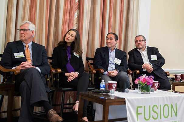 David Scadden (from left), Gerald and Darlene Jordan Professor of Medicine, Jenna Galloway, Assistant Professor of Orthopedic Surgery, Richard T. Lee, Professor of Stem Cell and Regenerative Biology and Pete Coffey, Professor of Molecular Ophthalmology, UCL speak at FUSION, an OTD event at HBS on the business of regenerative medicine. 