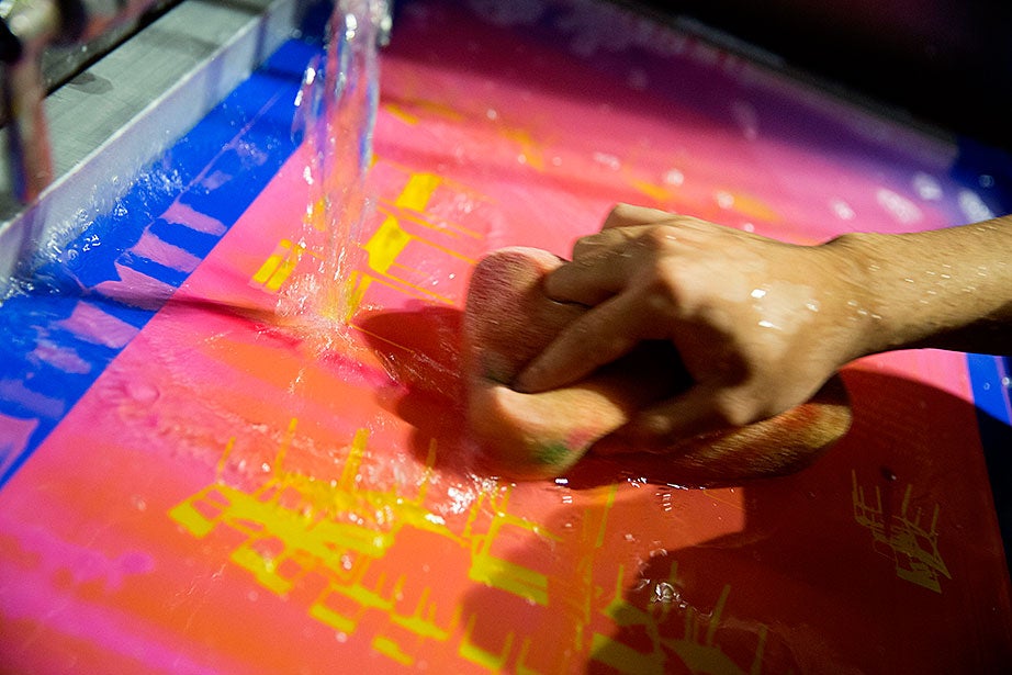 In Silkscreen, Chris Chow '20 sponges away pastel paint from silhouetted images of chairs. “In my classes I attempt to create a supportive experimental environment that supports my student's individual interest—content, ways of working, modes of representation,” said Lemieux.