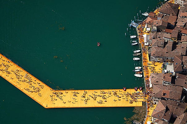 "The Floating Piers" on Lake Iseo, Italy, was conceived in 1970 yet came to fruition only in the summer of 2016. The 16-meter-wide, shimmering walkways of the project were open and free for the public to traverse for its two-week installation.