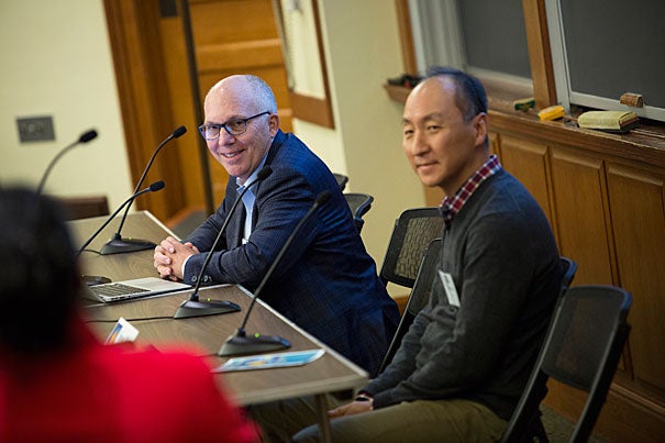 The Ethics of Early Embryo Research and the Future of the 14-Day Rule. A panel discussion takes place in Austin Hall at Harvard Law School. Robert Truog (left) and Insoo Hyun are pictured during the talk. Stephanie Mitchell/Harvard Staff Photographer