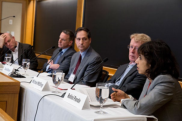 Dan Schrag (from left) moderates a panel with Edward Glaeser, David Bloom, Michael McElroy, and Rohini Pande at a climate conference that yielded some surprising views.